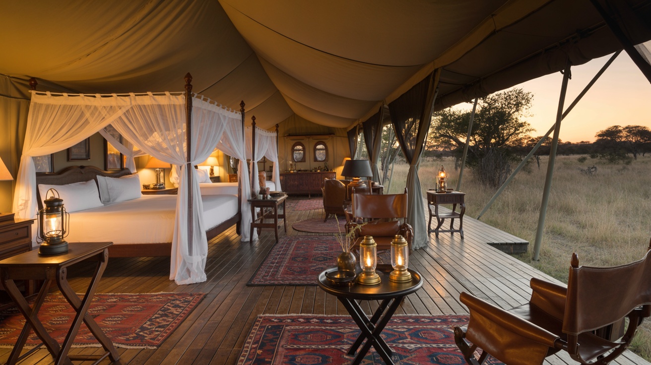 Luxury safari tent interior with colonial-style furnishings